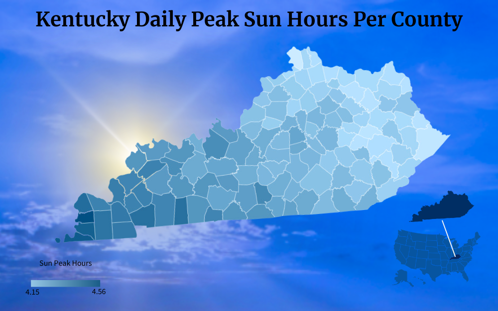 Color-coded map of Kentucky showing its peak sun hours per county.