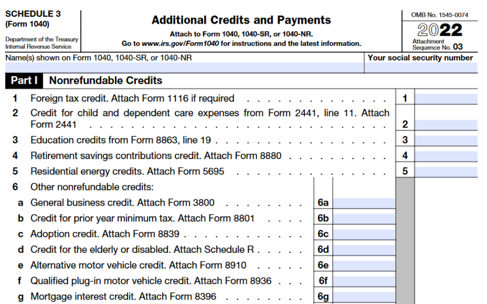 Screenshot of IRS Schedule 3, Form 1040, used for claiming tax credits and deductions.